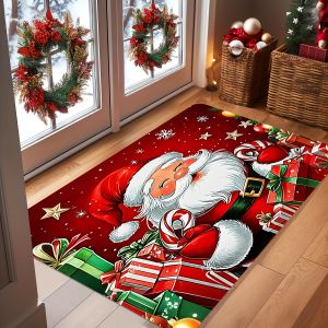 VIKAMA Christmas Santa Doormat Gift Candy Cane Pattern Non Slip Floor Mat Holiday Entrance Front Door Home Decor