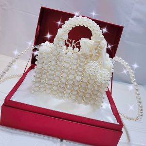Handmade Lychee Pearl Bucket Beads Small Square Bag Womens Handbag Acrlyic Beads Materials DIY Kit Soft Shoulder Bag