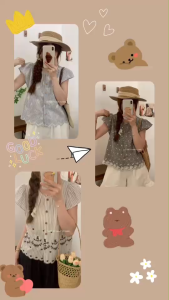 TW21777 เสื้อแขนสั้น ปักลาย กระดุมหน้า ..