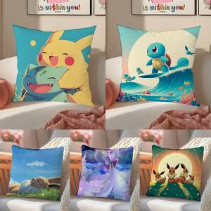 Bandai | Pokemon Pikachu Anime Plush Pillow Cover Soft Short Plush Cushion Cover For Sofa Bedroom Home Decor Gift Decoration