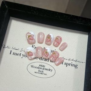 [Strawberry Sweetheart] Pink Crystal Cats Eye Short Handmade Wear Nail for Students Pregnant Women Can Disassemble Manicure