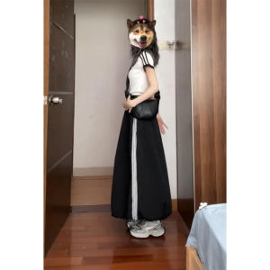 Váy Dài Chữ a Cạp Cao Kẻ Sọc Viền Viền Đen Cho Nữ Mùa Hè 2024 Váy Midi Dáng Rộng Ôm Sát Cơ Thể Thời Trang Mới