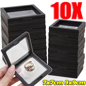 10Pcs Transparent 3D Floating Jewelry Display Box / Dustproof Acrylic Storage Organizer with Elastic PE Film / Clear Plastic Display Case for Rings Necklaces Earrings Coins Medals