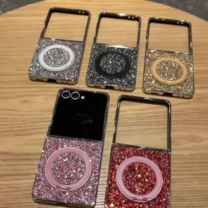 High-End Sparkle Powder Electroplated Silver Edge Magnetic Stand Phone Case for Samsung Z Flip 7 6 5 4 3 7FE Protective Cover