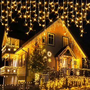 Christmas Lights Outdoor Waterproof Solar Curtain Lights Connectable 220V Plug in Fairy String Lights Solar Power Christmas Lights Window Wall Hanging Curtain String Lights for Bedroom Backdrop Wedding Party Indoor Decor