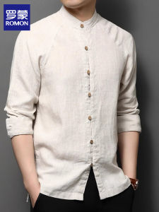 เสื้อเชิ้ตคอตั้งแขนยาวผ้าลินินแท้สำหรับผู้ชายฤดูใบไม้ร่วง 2024 ทรงหลวม ป้องกันรอยยับ เสื้อเชิ้ตลำลอง สีพื้น ผ้าลินินผสมคอตตอน