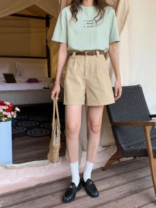 กางเกงขาสั้นทำงานลำลองเอวสูงสำหรับผู้หญิง DaDa ฤดูร้อนปี 2023 กางเกงขาสั้นทรงหลวมสไตล์เกาหลีพร้อมเข็มขัด