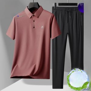 ROMON | ชุดลำลองชายฤดูร้อนใหม่ ชุดเสื้อยืดแขนสั้นผ้าไหมน้ำแข็ง 2 ชิ้น ชุดลำลองสำหรับผู้ชาย วัยกลางคนและผู้สูงอายุ ชุดลำลอง