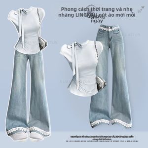 NUMEN BUTTON | Bộ Đồ Kết Hợp Voan Ren và Jeans Kích Cỡ Lớn
