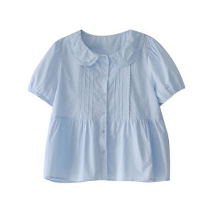 Blue Short Sleeve Sweet Doll Collar Shirt Womens Summer Fashion Japanese Style Cotton Blend Loose Fit Bubble Sleeve Top