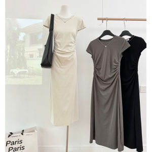 Summer New Style French Waist Cinching Slimming Dress Pleated Mid-Length Wrap around Skirt Korean Version Commute Style Dress