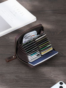 High Capacity Leather ID Card Holder Vintage Style Zipper Closure Top Layer Cowhide Passport Driving License Organizer