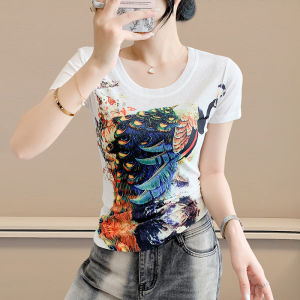YIMEI Short sleeved ice silk slim fit white T-shirt for women 2025 new summer European animal print top