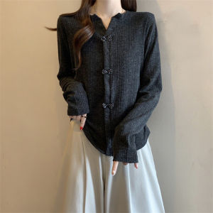 plus Size Knitted V-Neck T-Shirt Womens Butterfly Knot Slimming Top Grey Autumn Fashion Korean Style Commute Wind