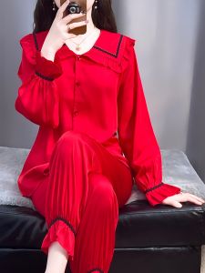 Red Silk Sleepwear Set for Women MK Mulberry Silk Home Clothes Long Sleeve Long Pants Comfortable Soft Sweet Style Casual Suit