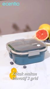ECENTIO Dark Blue Lunch Box 3 grid 1100ml Anti Tumpah Dan Kotak Sup 140ml