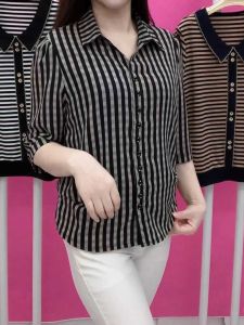 Áo Sơ Mi Nữ Dáng Rộng Tay Lửng Kẻ Caro Cổ Bẻ Thời Trang Mùa Hè 2024 Chất Liệu Polyester Phong Cách Hàn Quốc Thường Ngày