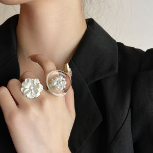 Korean-style Open-faced Pearl White 3D Flower Ring Versatile Transparent Diamond Ring Fashionable Minimalist Pinky Ring for Women