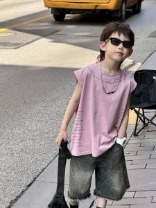 New Summer Kids T-Shirt Boys Girls Letter Print Sleeveless Pure Color Pink Vest Loose Fit Cotton Korean Style Childrens Top