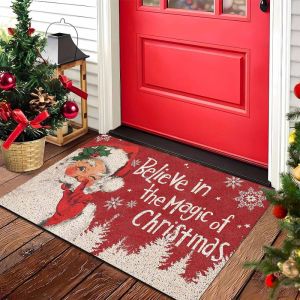 VIKAMA Believe in Magic Christmas Doormat Santa Shhh Red Welcome Mat Non Slip Soft Floor Rug for Front Door Entryway Xmas