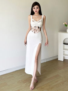 Kliou Young Royal Sister Style Lace Stitching Sling Dress Women Temperament Waist Hugging Slimming Split Gyaru Long dress
