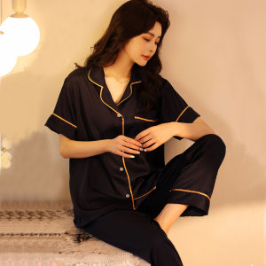plus Size Ice Silk Sleepwear Short Sleeve Long Pants Set Lightweight Loose Home Clothes for plus Size Women Summer Home Suit