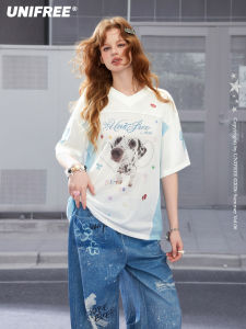 Unifree | White V-Neck Mesh Patch American Puppy Print Loose T-Shirt