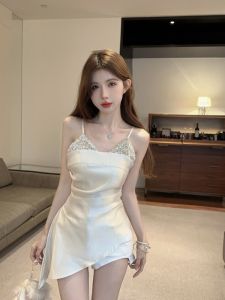 GUZILIAN | Sparkling Mini Dress Irregular Design Slim Fit Korean Style V-Neck No-Sleeve Womens Summer Fashion GZL20258460