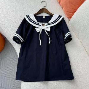Summer Cotton Short Sleeve Womens Shirt Sweet Youth Reduction Navy Style Butterfly Knot Top Straight Cut Regular Length