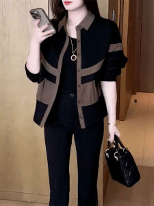 Korean Fashion Color Block Design Loose Long Sleeve Womens Jacket Autumn New Style Elegant Versatile Mom Shirt Polo Collar Button up