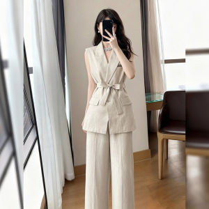 DANTING | Waist-Tie Slim Fit Womens Blazer Vest and Wide Leg Pants Set