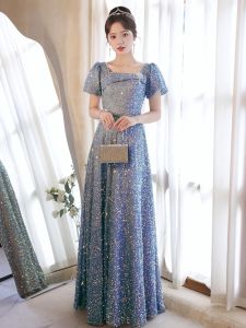 Elegant Blue Evening Gown High End Luxury Graduation Art Exam Adult Ceremony French Style Short Sleeve Long Dress Wedding