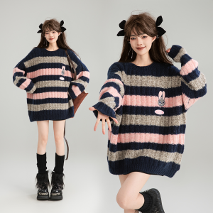 KEIKO | Áo Sweater Kẻ Sọc Dày Thoải Mái Cổ Tròn Đẹp Màu Mid-thigh