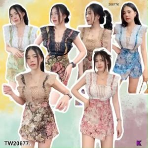 B20677 จั๊มสูท ขาสั้น กางเกงกระโปรงลายดอกไม้ Jumpsuit shorts floral print skirt pants