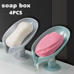 W18 Leaf Design Drain Soap Box With Suction Cup Decorative Plastic Self Draining Bathroom Soap Tray Bathroom Organizers Storage