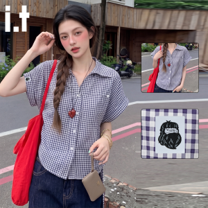 FINGERCROXX | Summer Slim-fitting Irregular Short Sleeve Blue Checked Shirt Drawstring Design