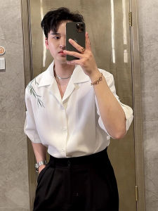 New Chinese Style Mens Short Sleeve Shirt Embroidered Bamboo Floral Cuban Collar Summer Fashion Youthful Standard Fit Polyester