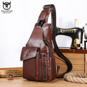 BULLCAPTAIN First Layer Cowhide Mens Messenger Bag Casual Retro Chest Bag Multi-Functional USB2.0 Charging 7-inch Mobile Phone Bag