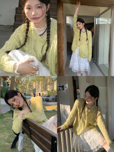 Yellow Attractive Lace Thin Knitted Cardigan V-Neck Womens Top