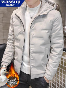 WASSUP Mens Winter Thickened Hooded down Jacket Cotton Padded Coat Trendy Windproof Outerwear Casual Style Breathable Warm