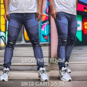 Celana Jeans Sobek Pria Panjang Bikers Garis Stretch Melar Denim Tebal Slimfit Skinny Size 28-33