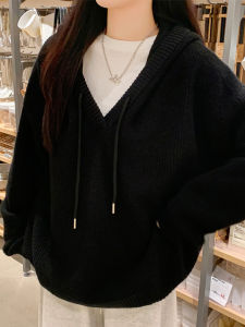 Idle Style V-neck Hooded Sweater Womens Autumn and Winter 2024 New Arrival Best Selling Loose Outerwear Coat Knitting Tops