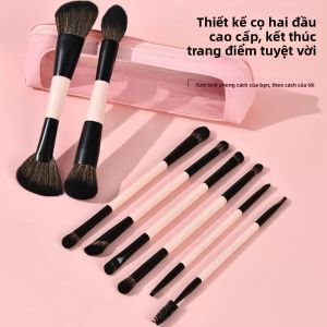 Bộ Cọ Trang Điểm Hai Đầu 8 Món - Bao Gồm Cọ Phấn Phủ Má Hồng Phấn Mắt Che Khuyết Điểm & Túi Đựng Tay Cầm Gỗ Sợi Len