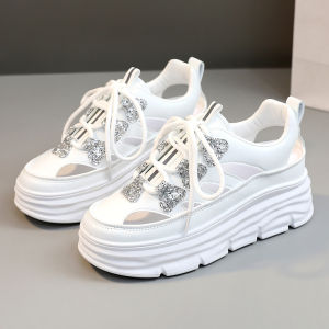 Womens Sandals Covering Toe Summer New Leather Hollow Breathable Slope Heel Thick Bottom Platform Shoes Casual Fashion Sneakers