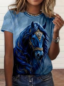 Womens Tee - Ornate Gilded Blue Horse Graphic Regal Mythical Steed Design for Casual Daily Wear