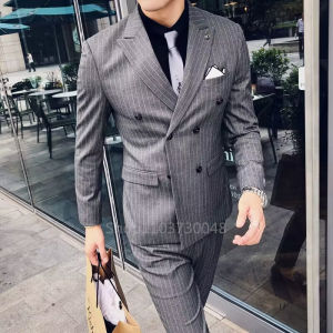 Bộ Vest Nam Hai Mảnh Kẻ Sọc Xám Kiểu Dáng Ôm Sát Dành Cho Đám Cưới/kinh Doanh Gồm Áo Khoác Blazer Và Quần Phong Cách Lịch Sự Nhưng Vẫn Trẻ Trung Thích Hợp Cho Các Buổi Tiệc.