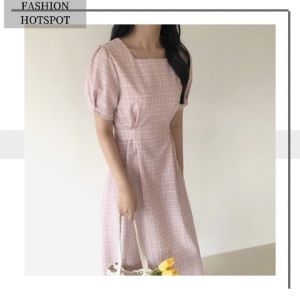 LHMonday แนะนำ🎉 4 สี ชุดเดรสคอเหลี่ยมแขนตูกตาลายสก็อต เดรสแฟชั่นยาวสีพื้น เดรสยาวผญผ้าให้เลือก เดรสยาวผญผ้านิ่มไม่หนาไม่บางไม่ร้อนใส่สบาย เดรส 4 สี