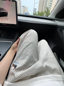 LJPNK Dachshund Embroidery Men’s Loose Seersucker Pants – Summer Breathable Wide-Leg Korean Street Casual Trousers