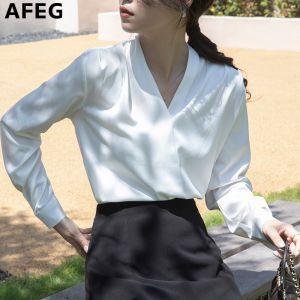 AFEG solid color new Korean version V-neck fashion loose and versatile style silk satin long-sleeved blouse