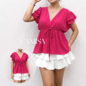 PLUS Autumn (XL-2XL) V-Neck Double Sleeves Top - Crumpled Linen